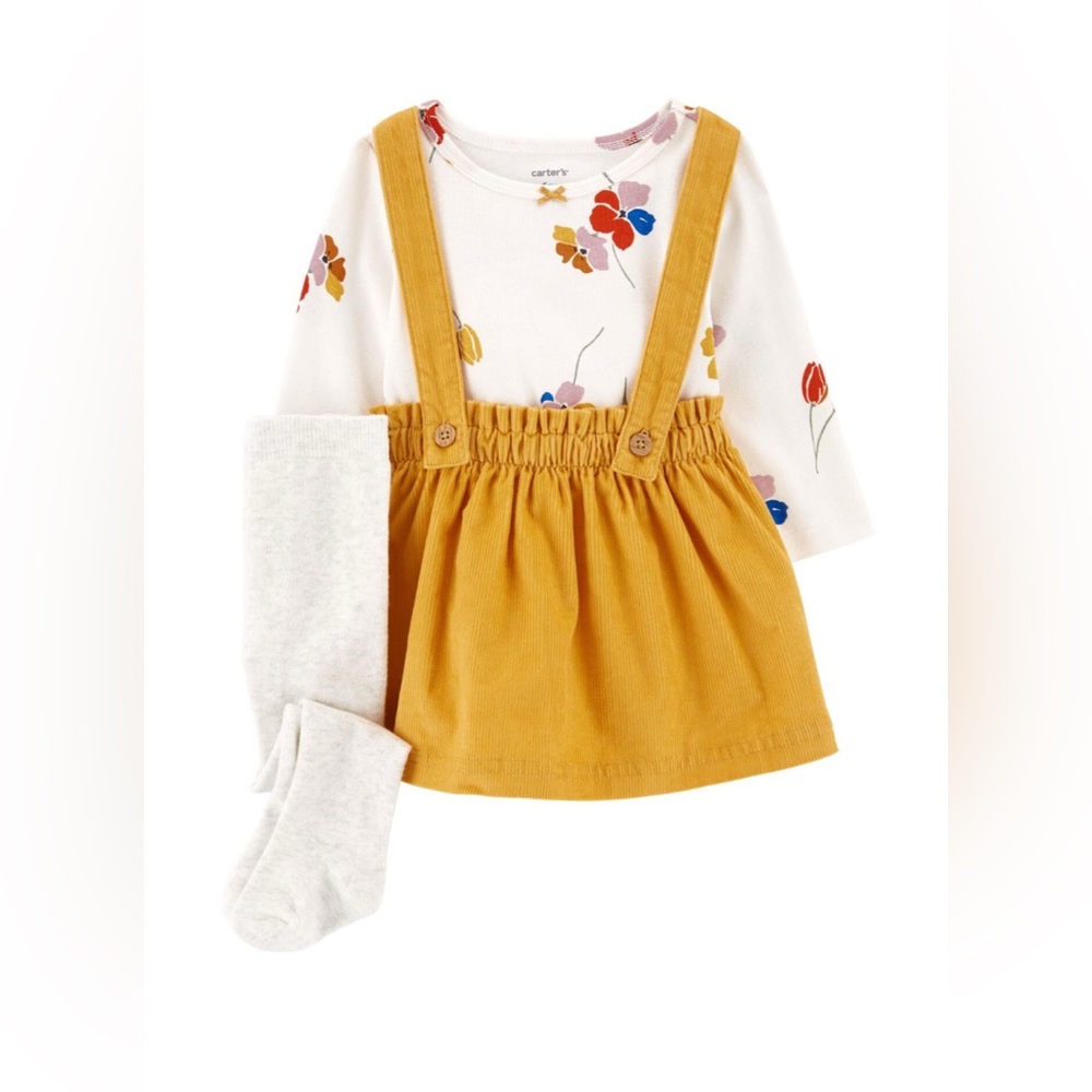 Baby Girl Carter's 3-Piece Floral Tee, Corduroy Jumper, &‎ Tights Set SIZE 18M